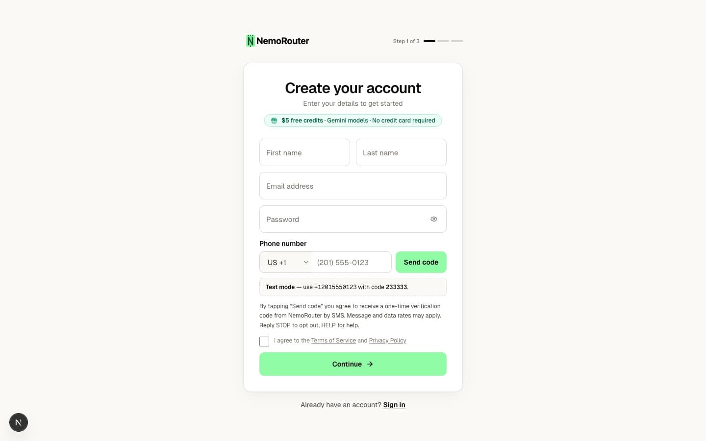 Sign-up page — create your Nemo Router account in 30 seconds