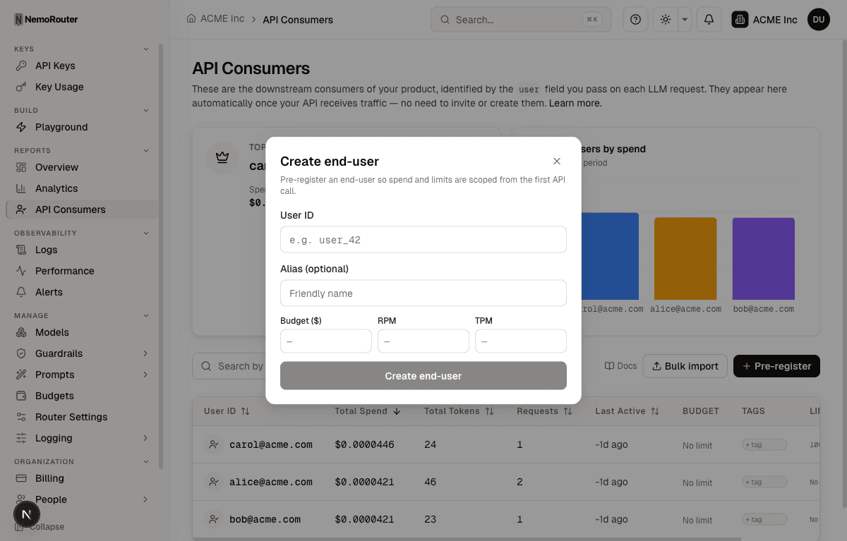 Pre-register a consumer — User ID, optional Alias, and Budget / RPM / TPM caps in a single dialog