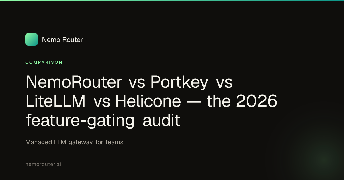 NemoRouter vs Portkey vs LiteLLM vs Helicone — the 2026 feature-gating audit